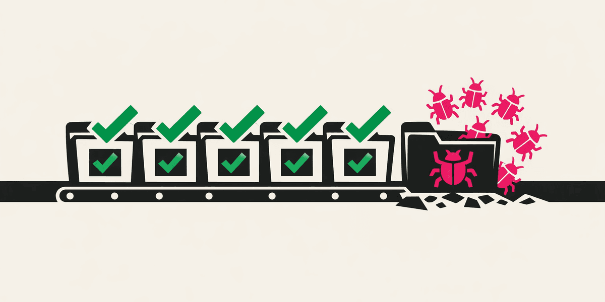 Flat illustration on cream. Five boxes ride a black conveyor belt, each stamped with a green tick, while pink beetles crawl out of a split black folder at the end of the line.