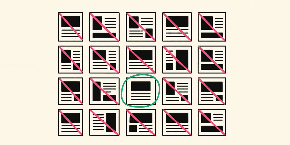 Flat illustration on cream. A grid of small black page layouts in even rows, every one struck through with a pink diagonal stroke except a single one near the centre, which is circled in green.